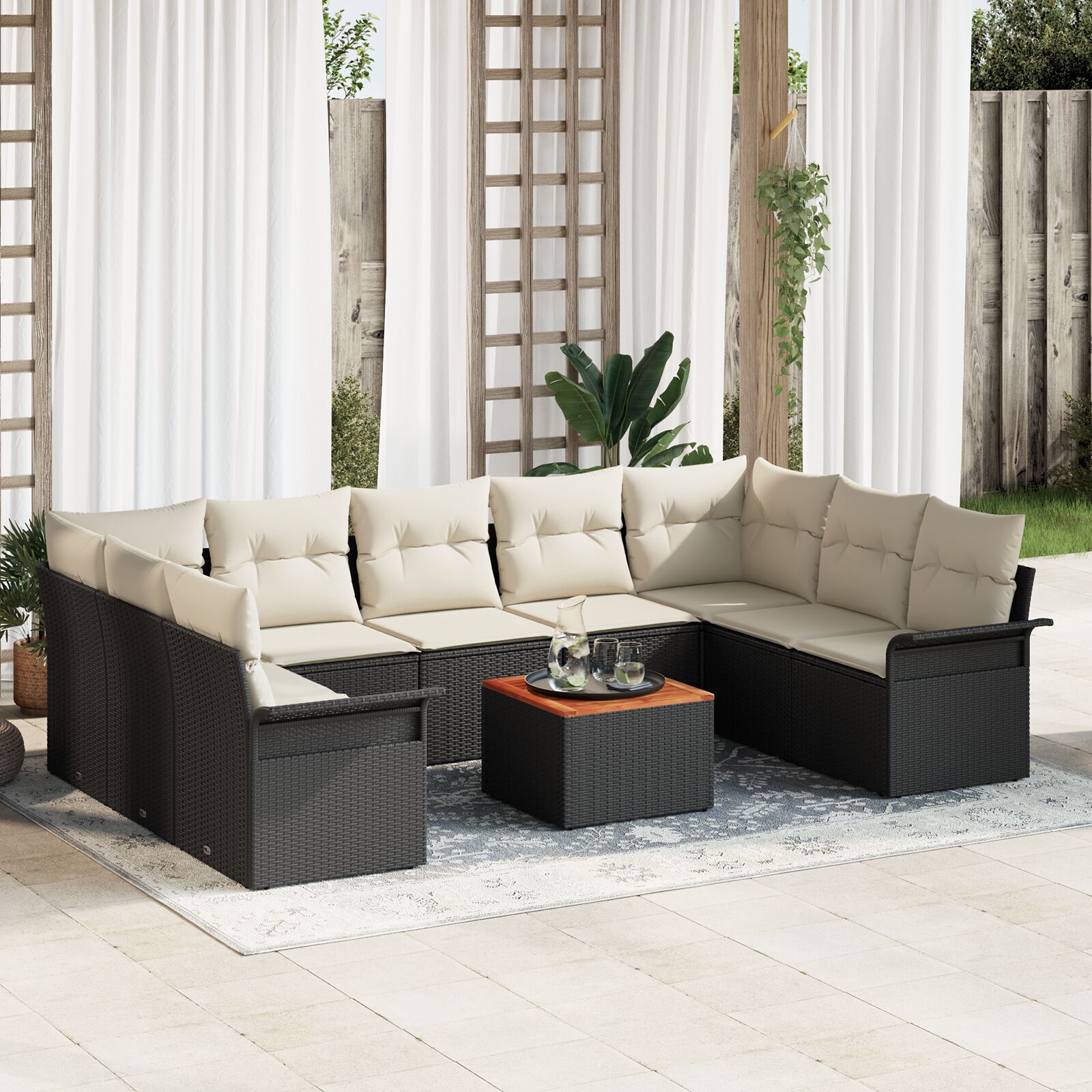 vidaXL Set de canapele pentru grădină cu pernă 10 pcs Negru și Crem