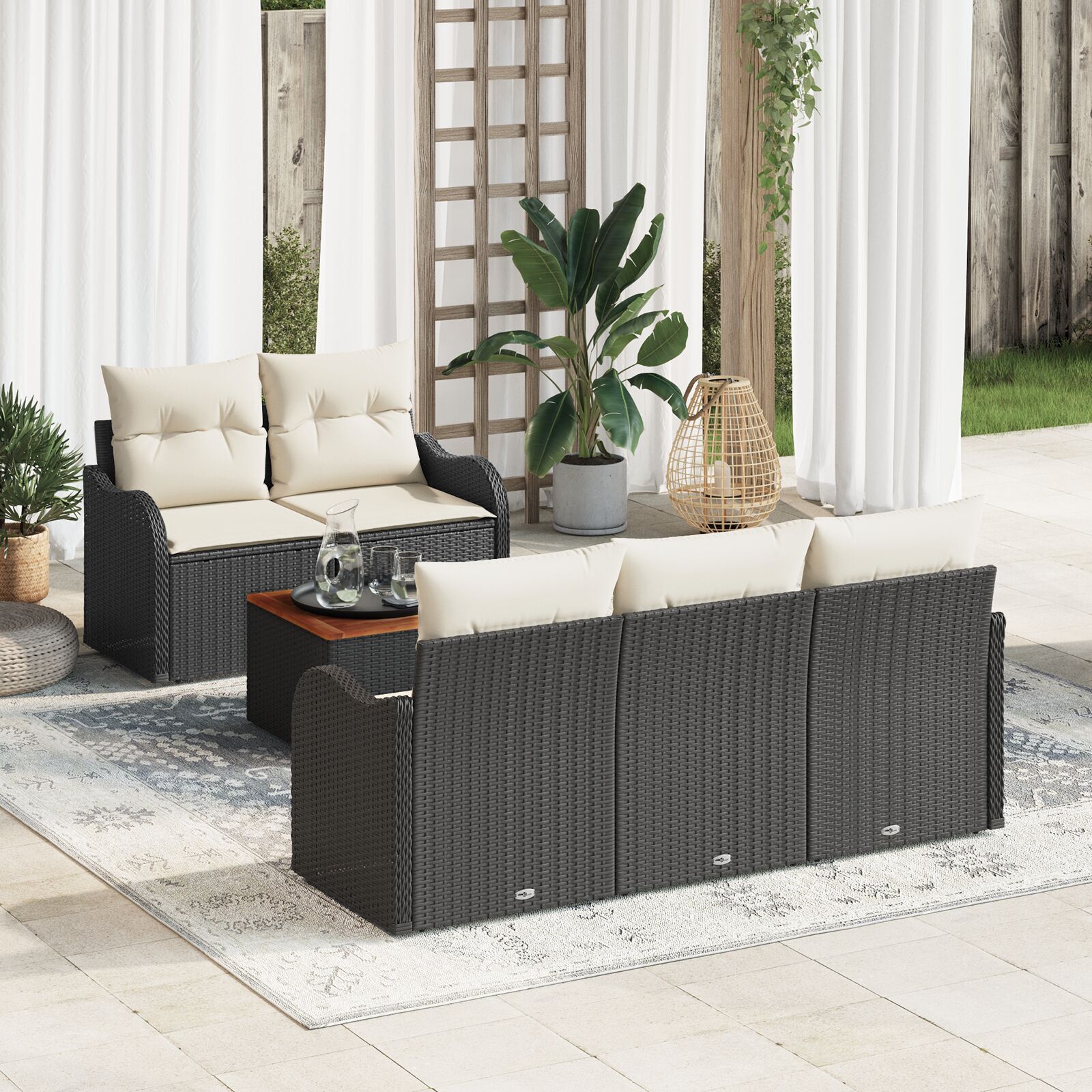 Set canapea de grădină vidaXL cu 6 piese și perne Negru Poliratan Acacia Set canapea de grădină vidaXL cu 6 piese și perne Negru Poliratan Acacia