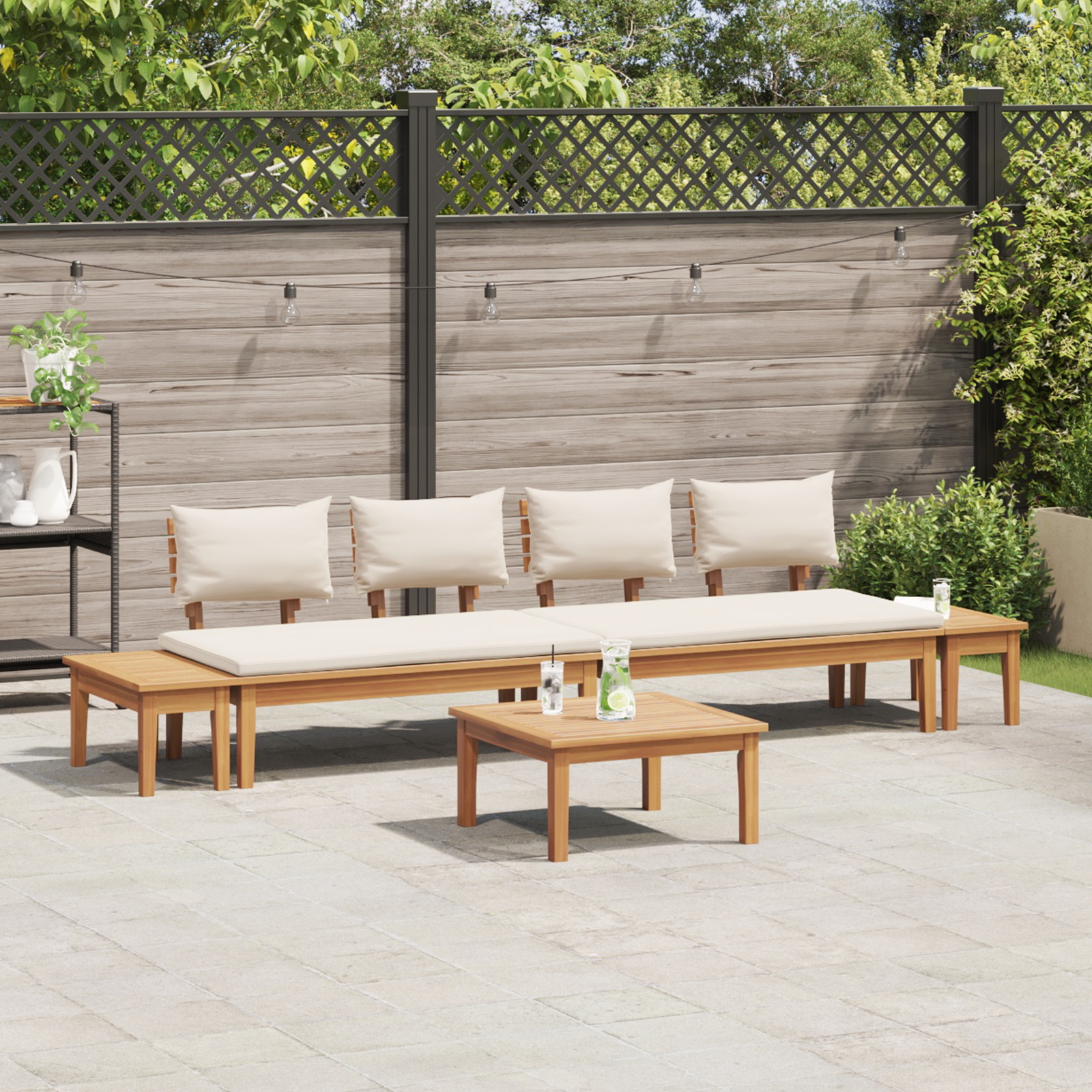 vidaXL Setul de banci de grădină cu 5 piese, include perne, din lemn de teak solid. vidaXL Setul de banci de grădină cu 5 piese, include perne, din lemn de teak solid.