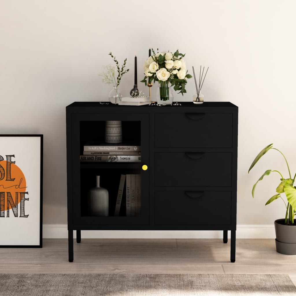 vidaXL Servantă, negru, 75x35x70 cm, oțel și sticlă securizată vidaXL Servantă, negru, 75x35x70 cm, oțel și sticlă securizată