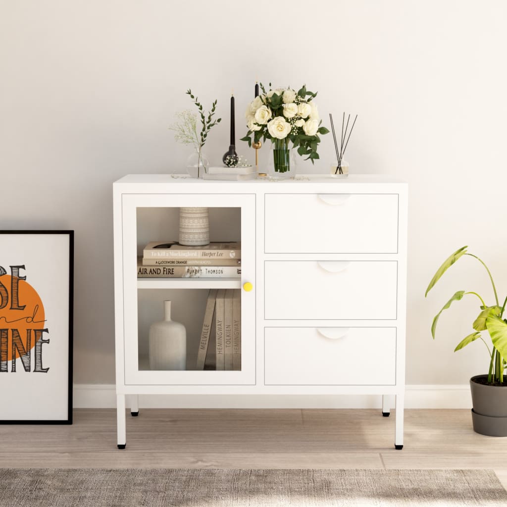 vidaXL Servantă, alb, 75x35x70 cm, oțel și sticlă securizată vidaXL Servantă, alb, 75x35x70 cm, oțel și sticlă securizată