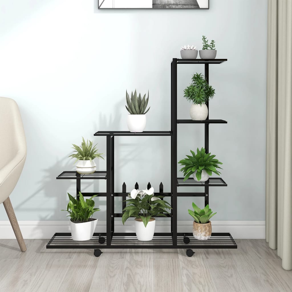 vidaXL Suport pentru flori cu roți, 94,5x25x92,5 cm, negru, metal vidaXL Suport pentru flori cu roți, 94,5x25x92,5 cm, negru, metal