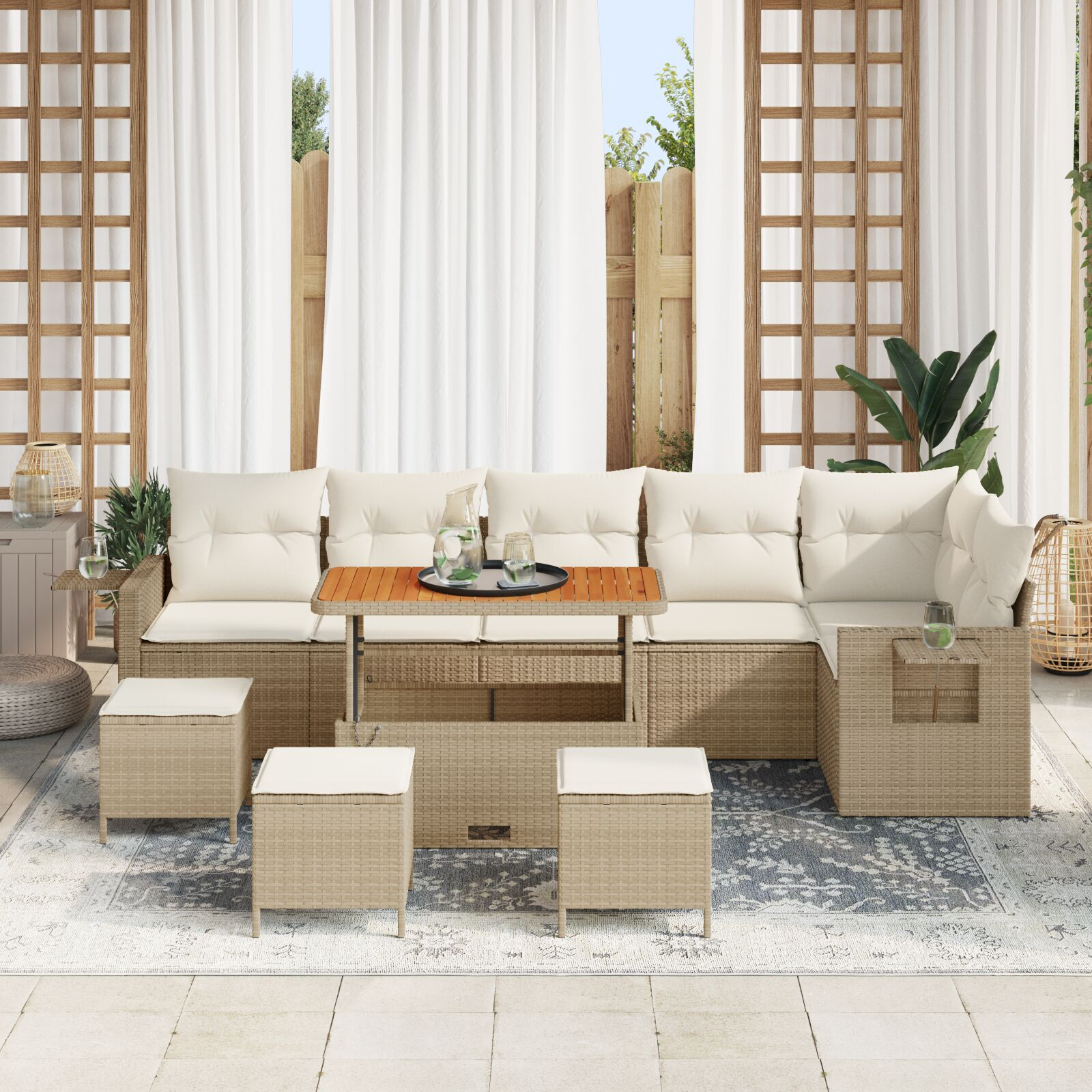 Set 10 Piese Canapea Grădină Cu Perne Bej Ratan Poli Acacia Set 10 Piese Canapea Grădină Cu Perne Bej Ratan Poli Acacia
