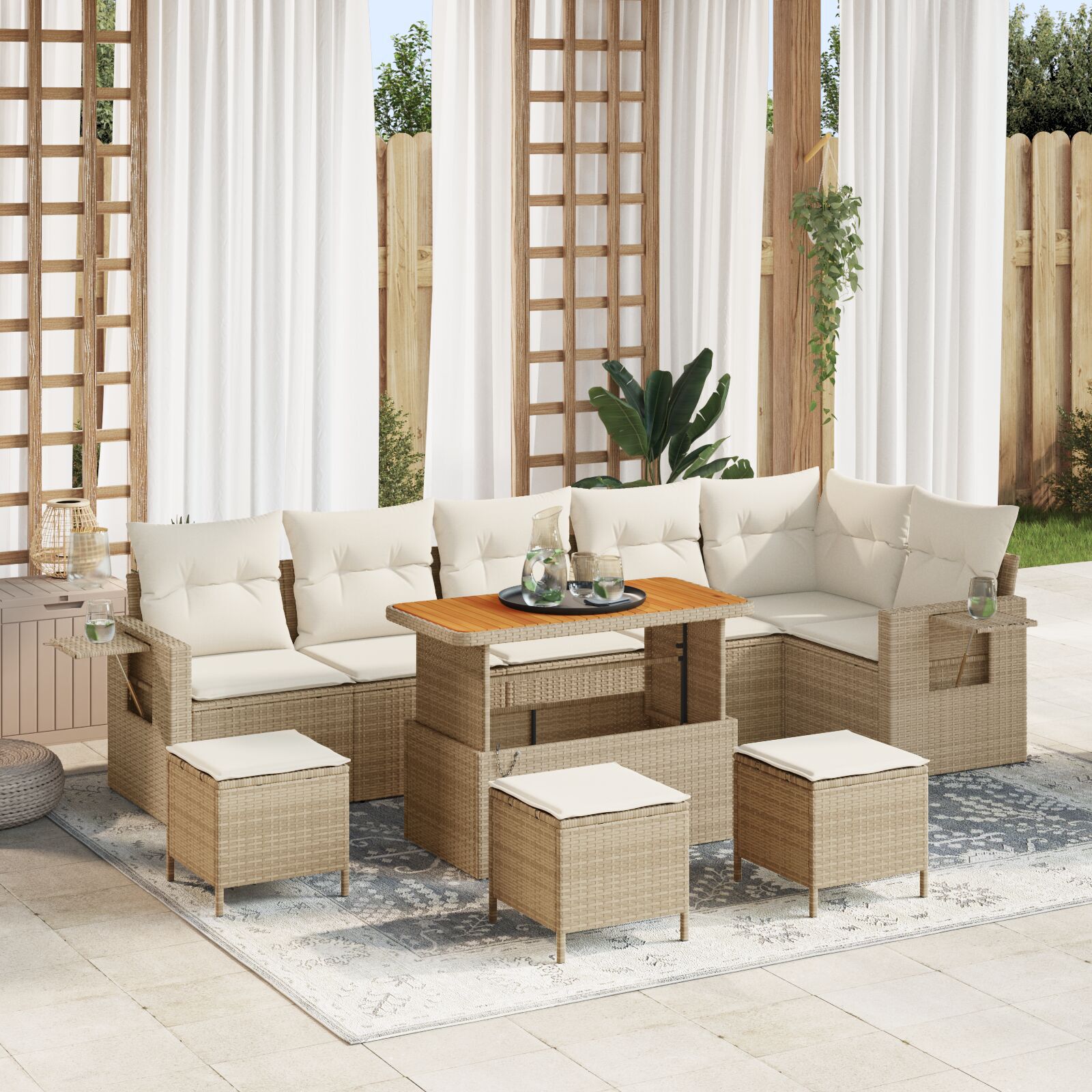 Set 10 Piese Canapea Grădină Cu Perne Bej Ratan Poli Acacia Set 10 Piese Canapea Grădină Cu Perne Bej Ratan Poli Acacia