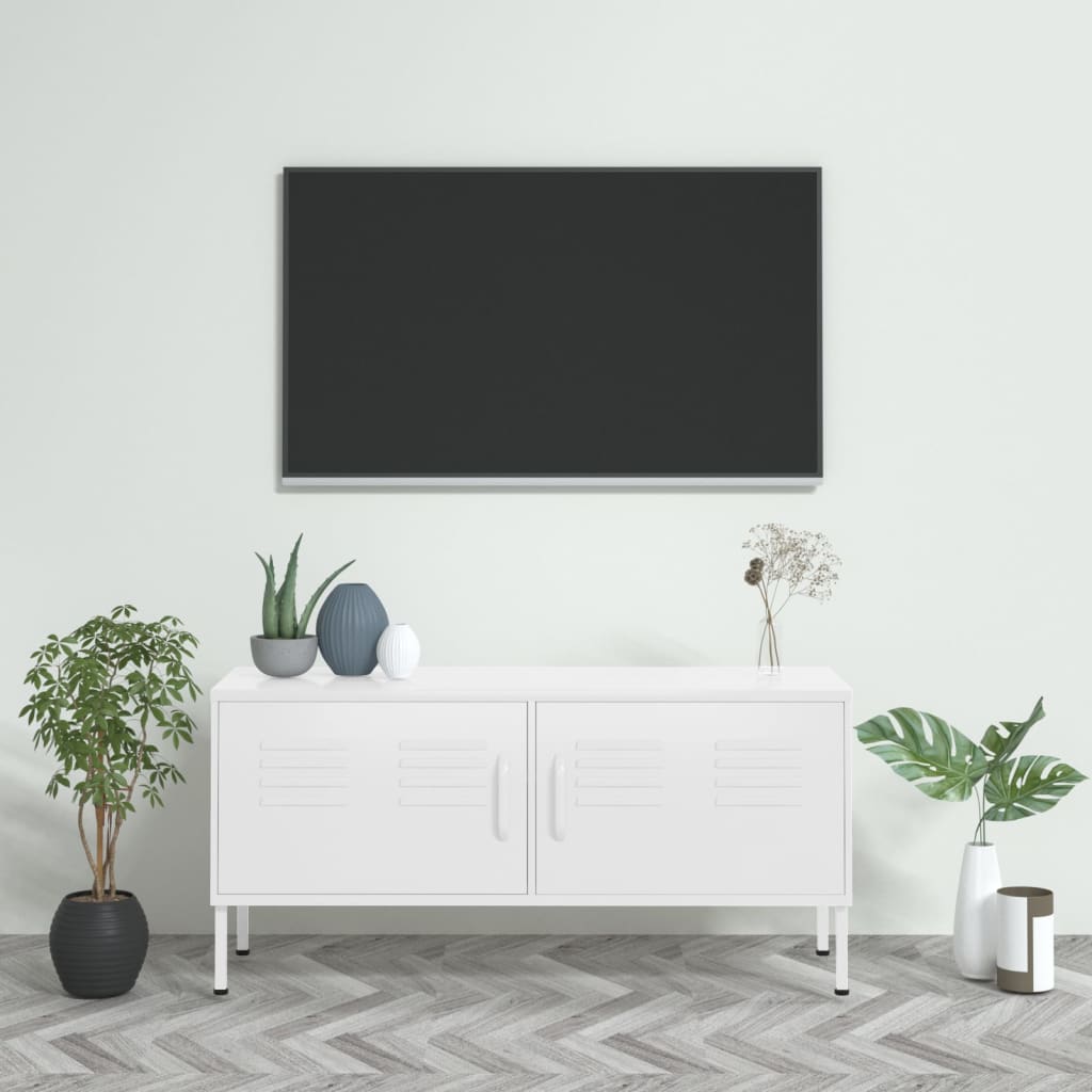 vidaXL Comodă TV, alb, 105x35x50 cm, oțel vidaXL Comodă TV, alb, 105x35x50 cm, oțel