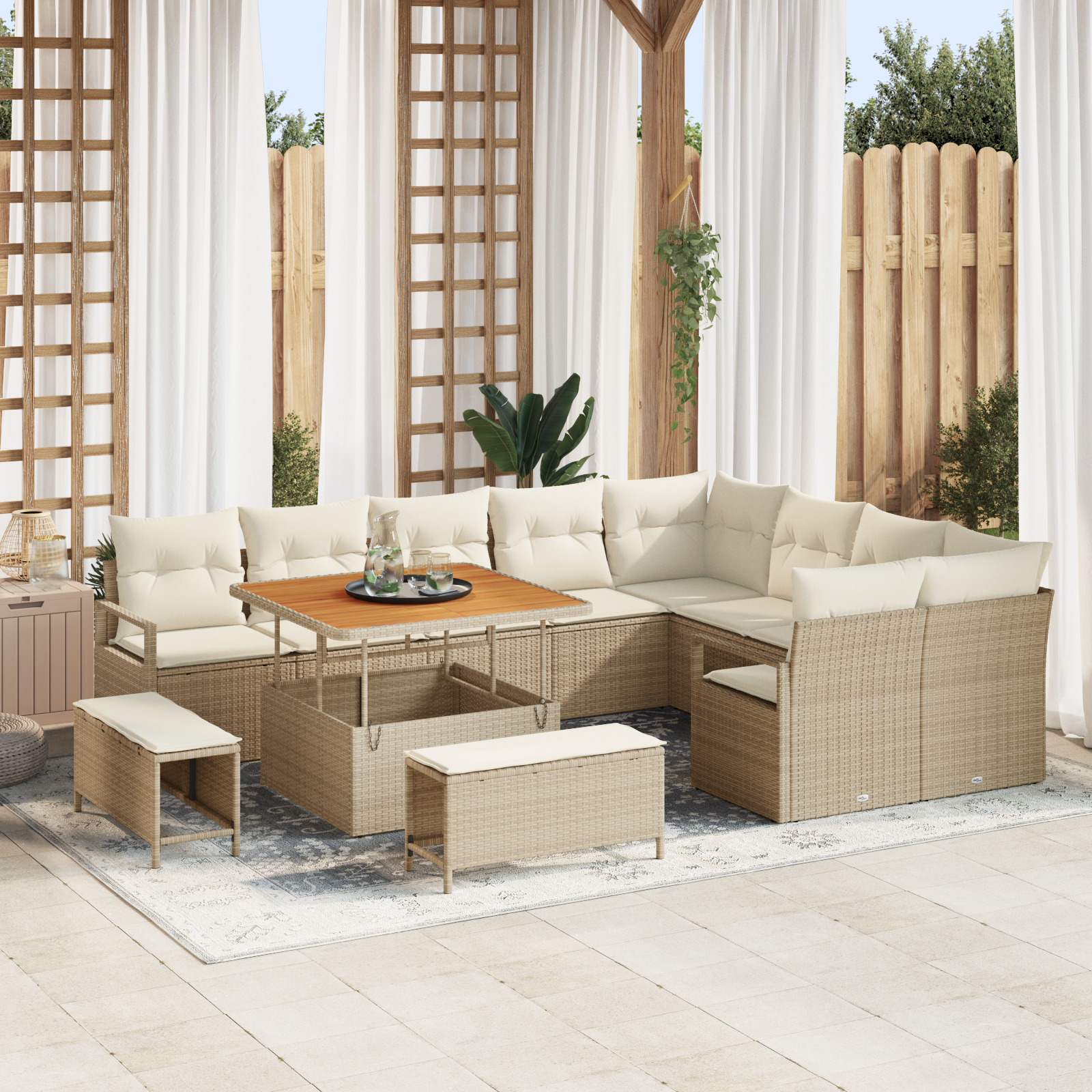 Set canapea grădină vidaXL 12 piese cu perne Bej Ratan Poli Acacia Set canapea grădină vidaXL 12 piese cu perne Bej Ratan Poli Acacia