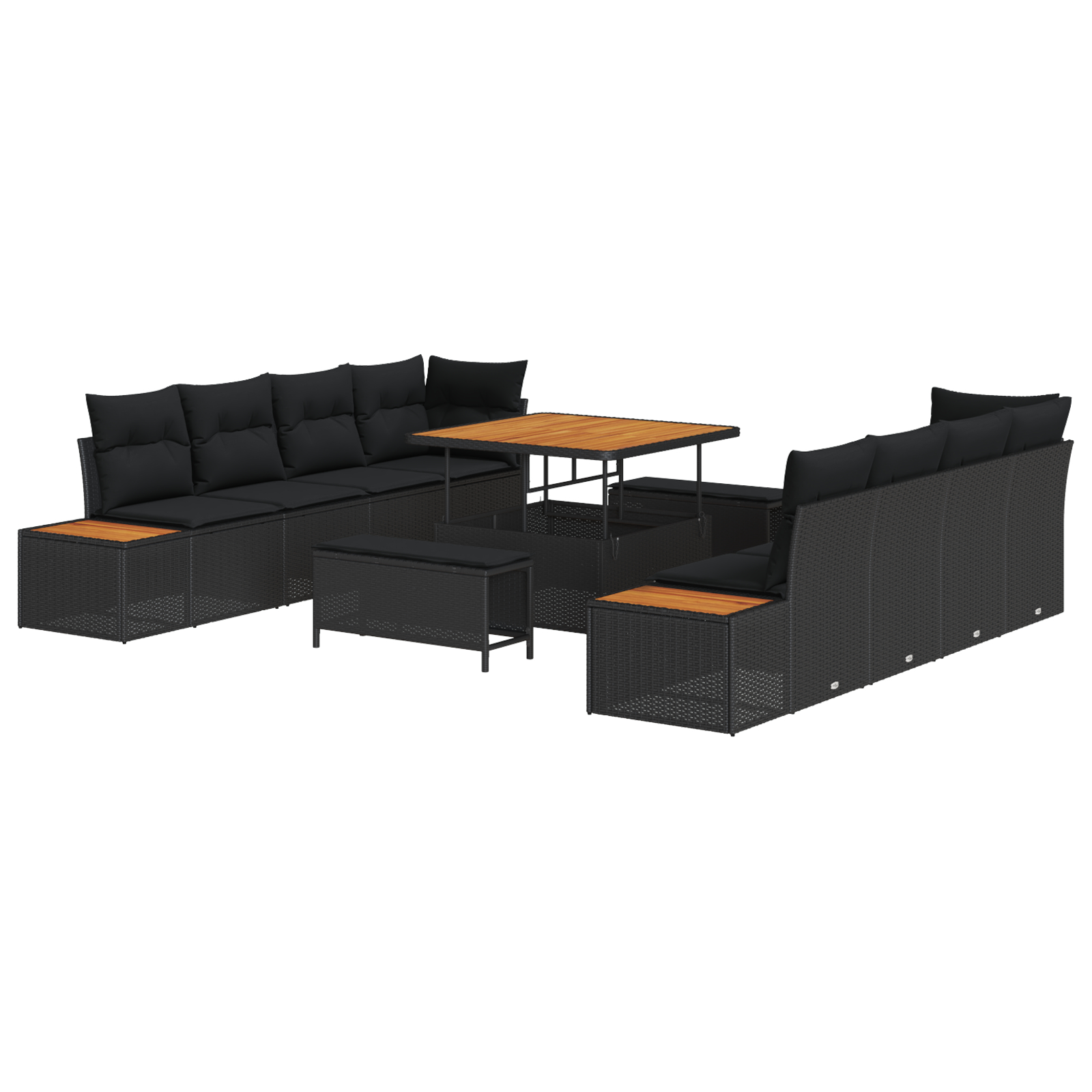 Set 11 Piese Sofa Grădină cu Perne Ratan Poli Acacia Negru Set 11 Piese Sofa Grădină cu Perne Ratan Poli Acacia Negru