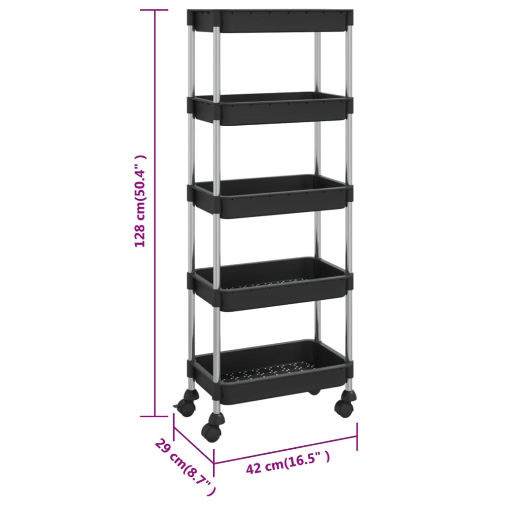 vidaXL Cărucior de bucătărie 5 niveluri negru 42x29x128 cm fier și ABS vidaXL Cărucior de bucătărie 5 niveluri negru 42x29x128 cm fier și ABS
