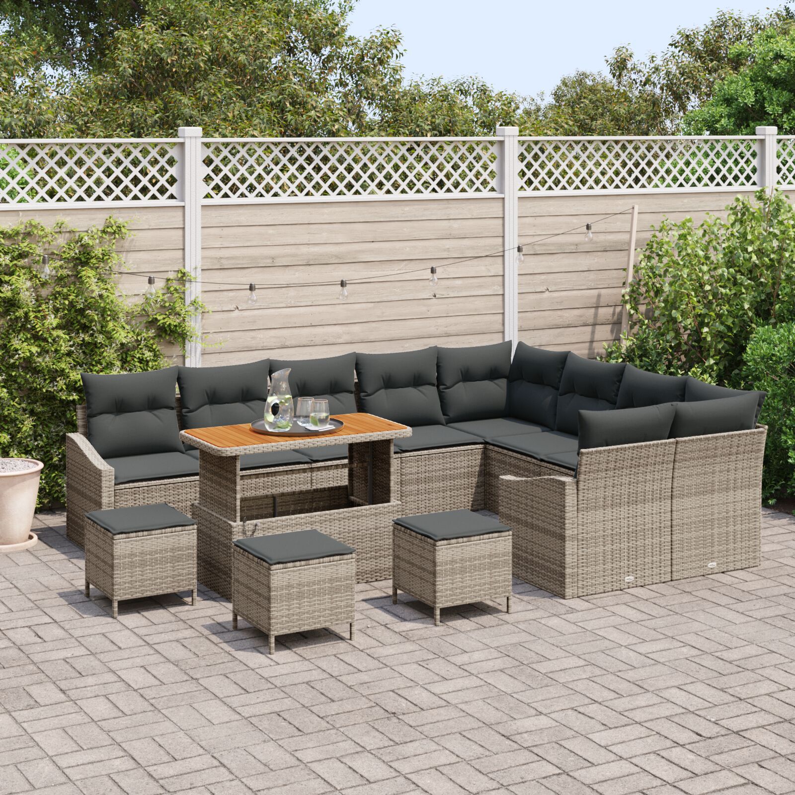 Set 12 Piese Grădină Perne Gri Ratan Polimer Acacia Set 12 Piese Grădină Perne Gri Ratan Polimer Acacia