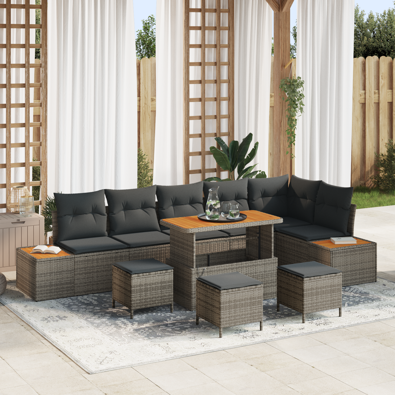 Set canapea de grădină vidaXL 10 piese cu perne Gri Ratan Acacia Set canapea de grădină vidaXL 10 piese cu perne Gri Ratan Acacia