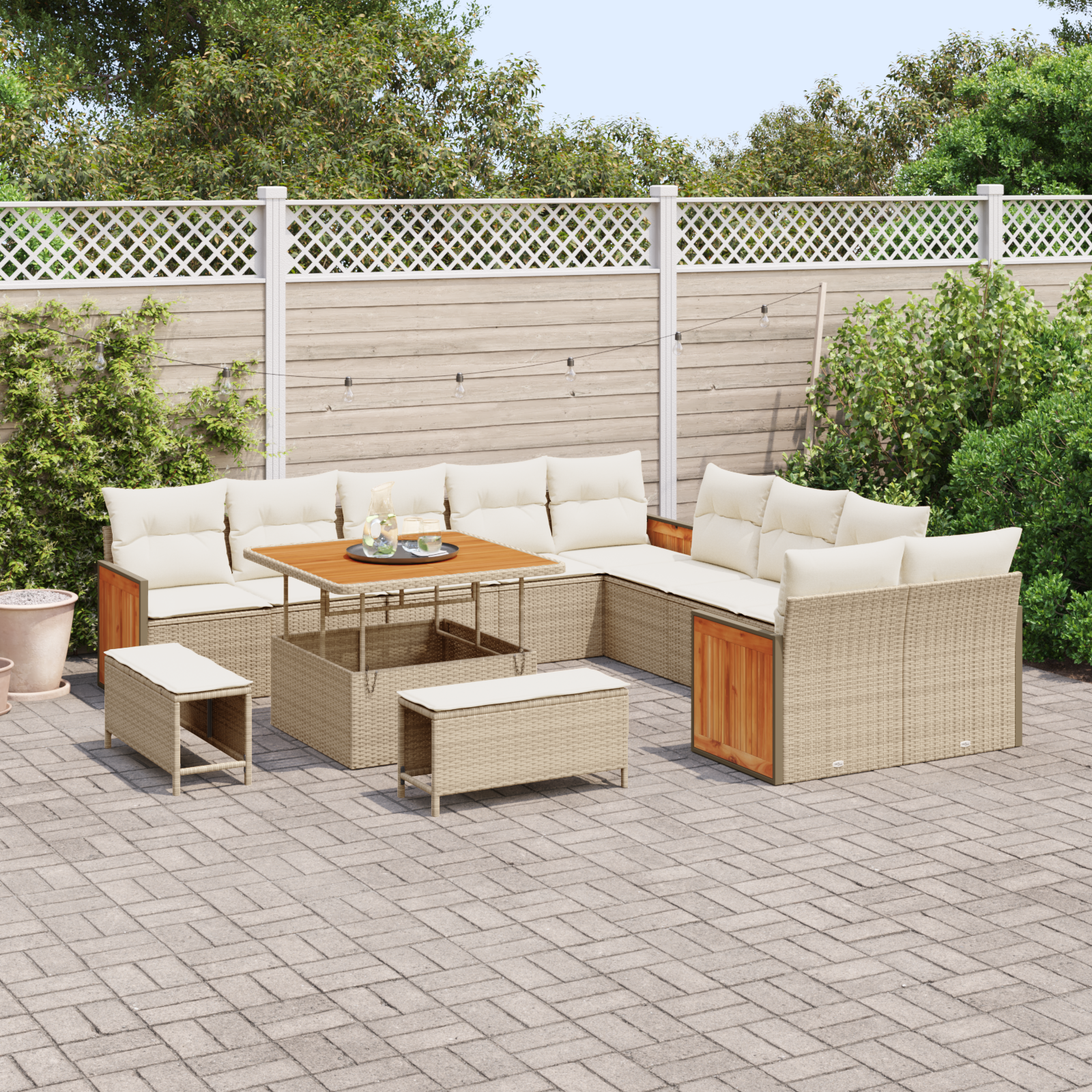 Set canapea de grădină vidaXL 13 piese cu perne Bej Ratan Poliester Acacia Set canapea de grădină vidaXL 13 piese cu perne Bej Ratan Poliester Acacia