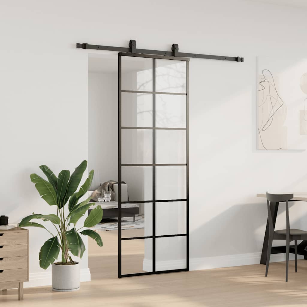 vidaXL Ușă glisantă cu set de feronerie neagră 76x205 cm Sticlă ESG vidaXL Ușă glisantă cu set de feronerie neagră 76x205 cm Sticlă ESG