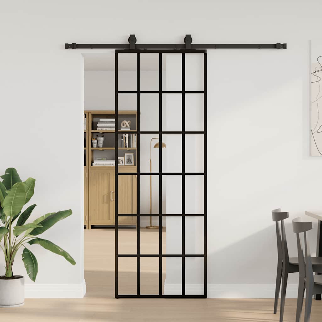 vidaXL Ușă glisantă cu set de feronerie neagră 76x205 cm Sticlă ESG vidaXL Ușă glisantă cu set de feronerie neagră 76x205 cm Sticlă ESG