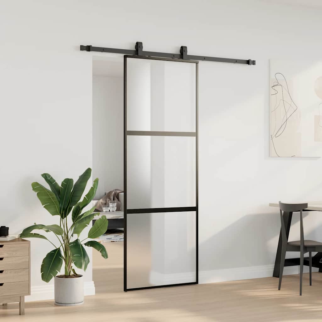 vidaXL Ușă glisantă cu set feronerie neagră 76x205cm sticlă securizată vidaXL Ușă glisantă cu set feronerie neagră 76x205cm sticlă securizată