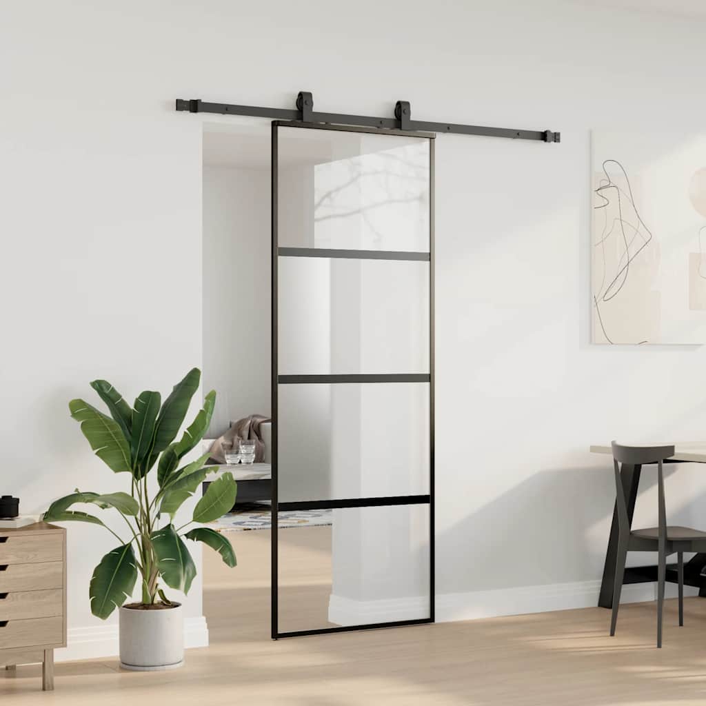 vidaXL Ușă glisantă cu set feronerie neagră 76x205cm sticlă securizată vidaXL Ușă glisantă cu set feronerie neagră 76x205cm sticlă securizată