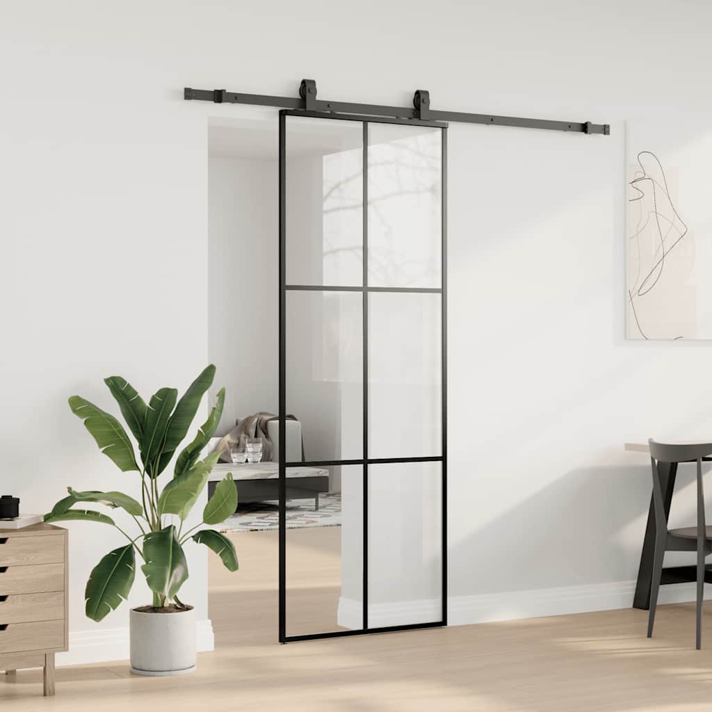 vidaXL Ușă glisantă cu set de feronerie neagră 76x205 cm Sticlă ESG vidaXL Ușă glisantă cu set de feronerie neagră 76x205 cm Sticlă ESG