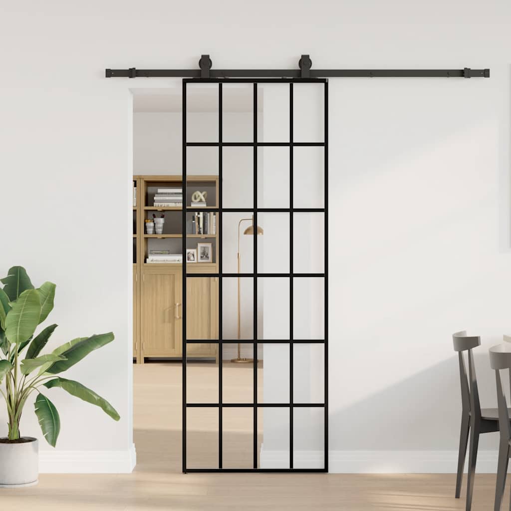 vidaXL Ușă glisantă cu set de feronerie neagră 76x205 cm Sticlă ESG vidaXL Ușă glisantă cu set de feronerie neagră 76x205 cm Sticlă ESG