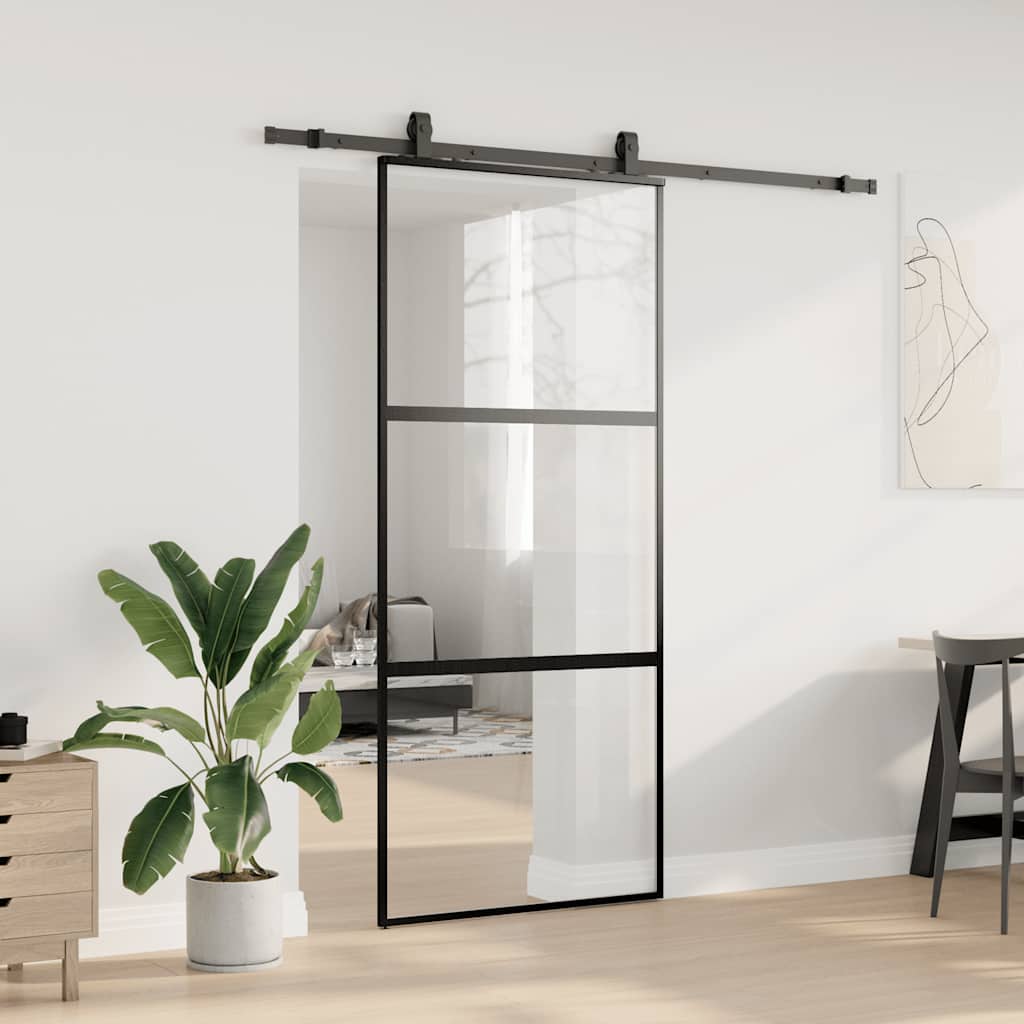 vidaXL Ușă glisantă cu set feronerie neagră 90x205cm sticlă securizată vidaXL Ușă glisantă cu set feronerie neagră 90x205cm sticlă securizată