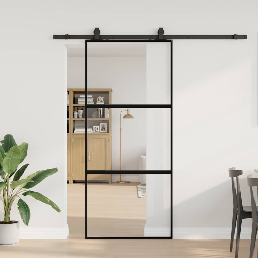 vidaXL Ușă glisantă cu set feronerie neagră 90x205cm sticlă securizată vidaXL Ușă glisantă cu set feronerie neagră 90x205cm sticlă securizată