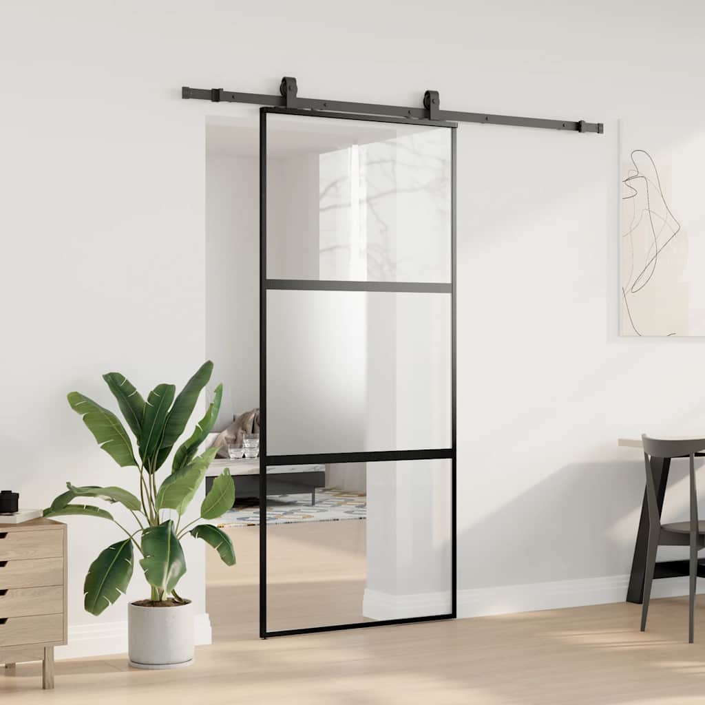 vidaXL Ușă glisantă cu set feronerie neagră 90x205cm sticlă securizată vidaXL Ușă glisantă cu set feronerie neagră 90x205cm sticlă securizată