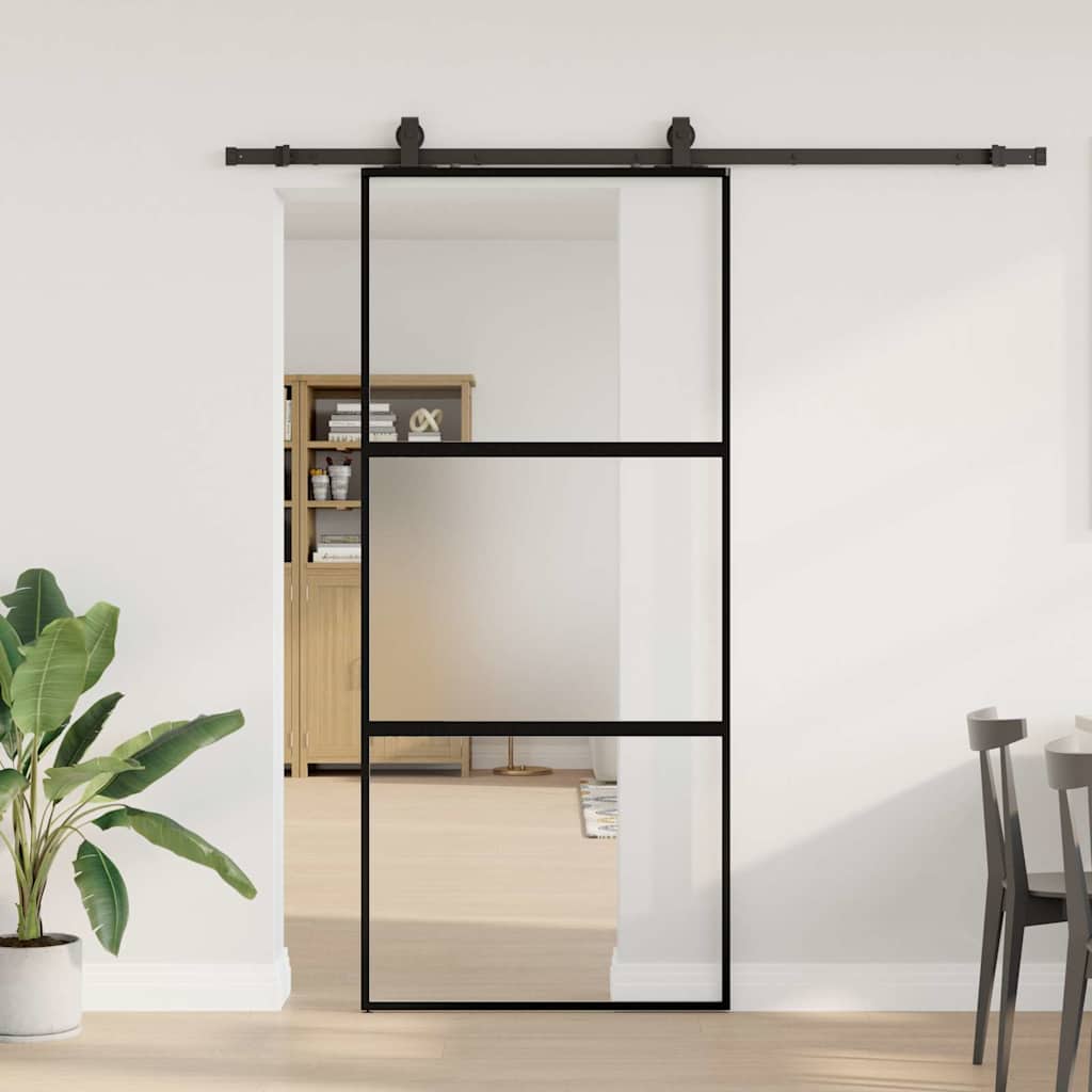 vidaXL Ușă glisantă cu set feronerie neagră 90x205cm sticlă securizată vidaXL Ușă glisantă cu set feronerie neagră 90x205cm sticlă securizată