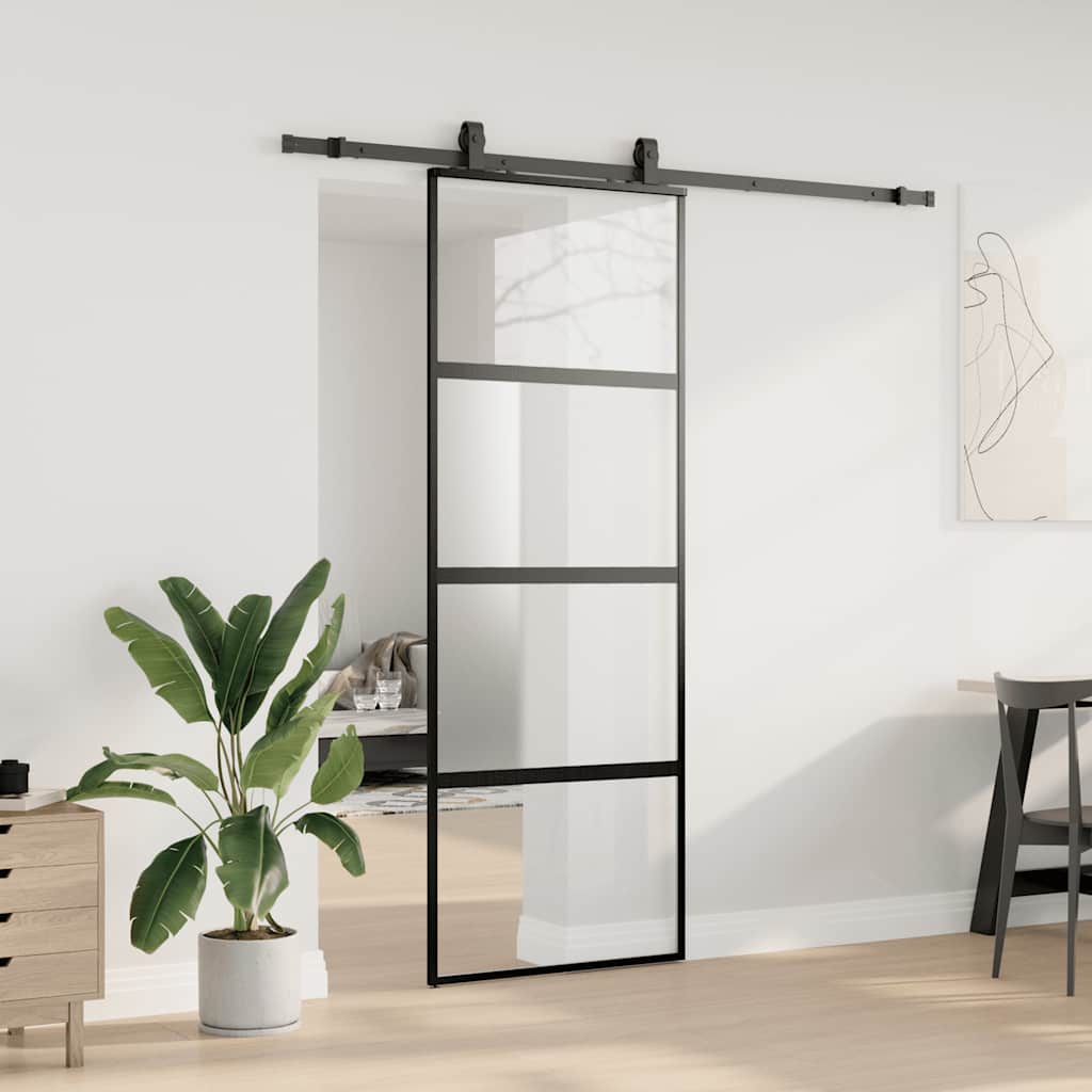 vidaXL Ușă glisantă cu set feronerie neagră 76x205cm sticlă securizată vidaXL Ușă glisantă cu set feronerie neagră 76x205cm sticlă securizată