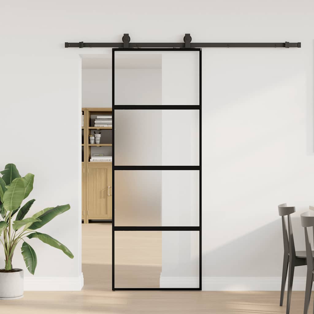 vidaXL Ușă glisantă cu set feronerie neagră 76x205cm sticlă securizată vidaXL Ușă glisantă cu set feronerie neagră 76x205cm sticlă securizată