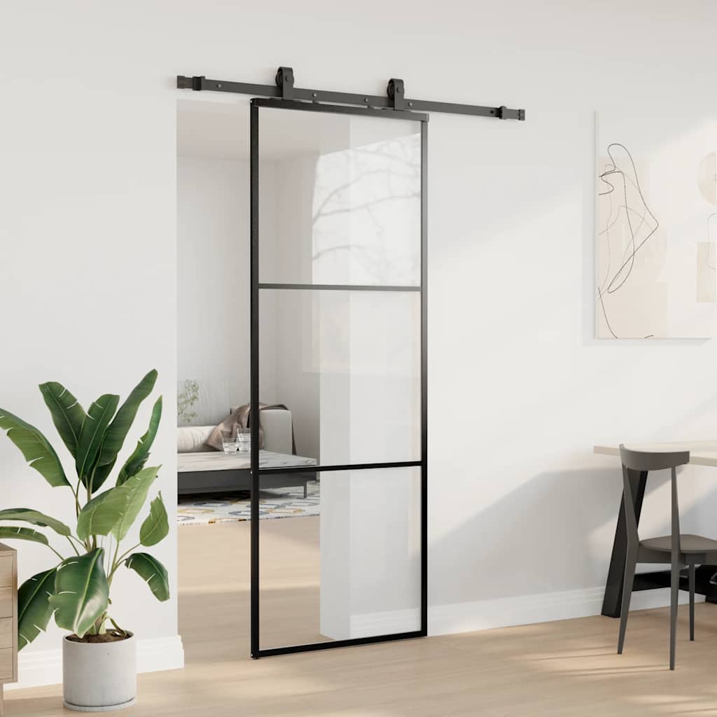 vidaXL Ușă glisantă cu set de feronerie neagră 76x205 cm Sticlă ESG vidaXL Ușă glisantă cu set de feronerie neagră 76x205 cm Sticlă ESG