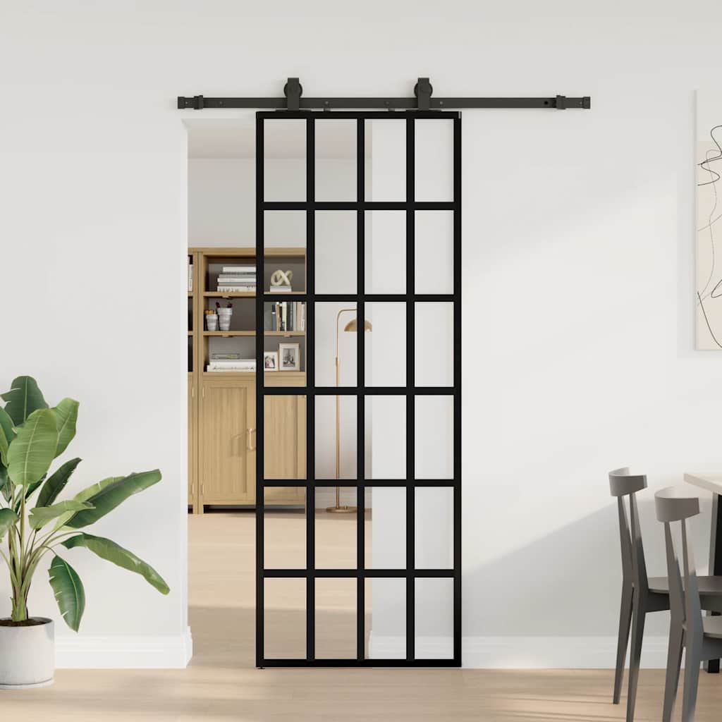vidaXL Ușă glisantă cu set de feronerie neagră 76x205 cm Sticlă ESG vidaXL Ușă glisantă cu set de feronerie neagră 76x205 cm Sticlă ESG