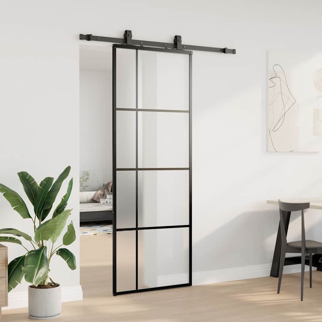 vidaXL Ușă glisantă cu set de feronerie neagră 76x205 cm Sticlă ESG vidaXL Ușă glisantă cu set de feronerie neagră 76x205 cm Sticlă ESG