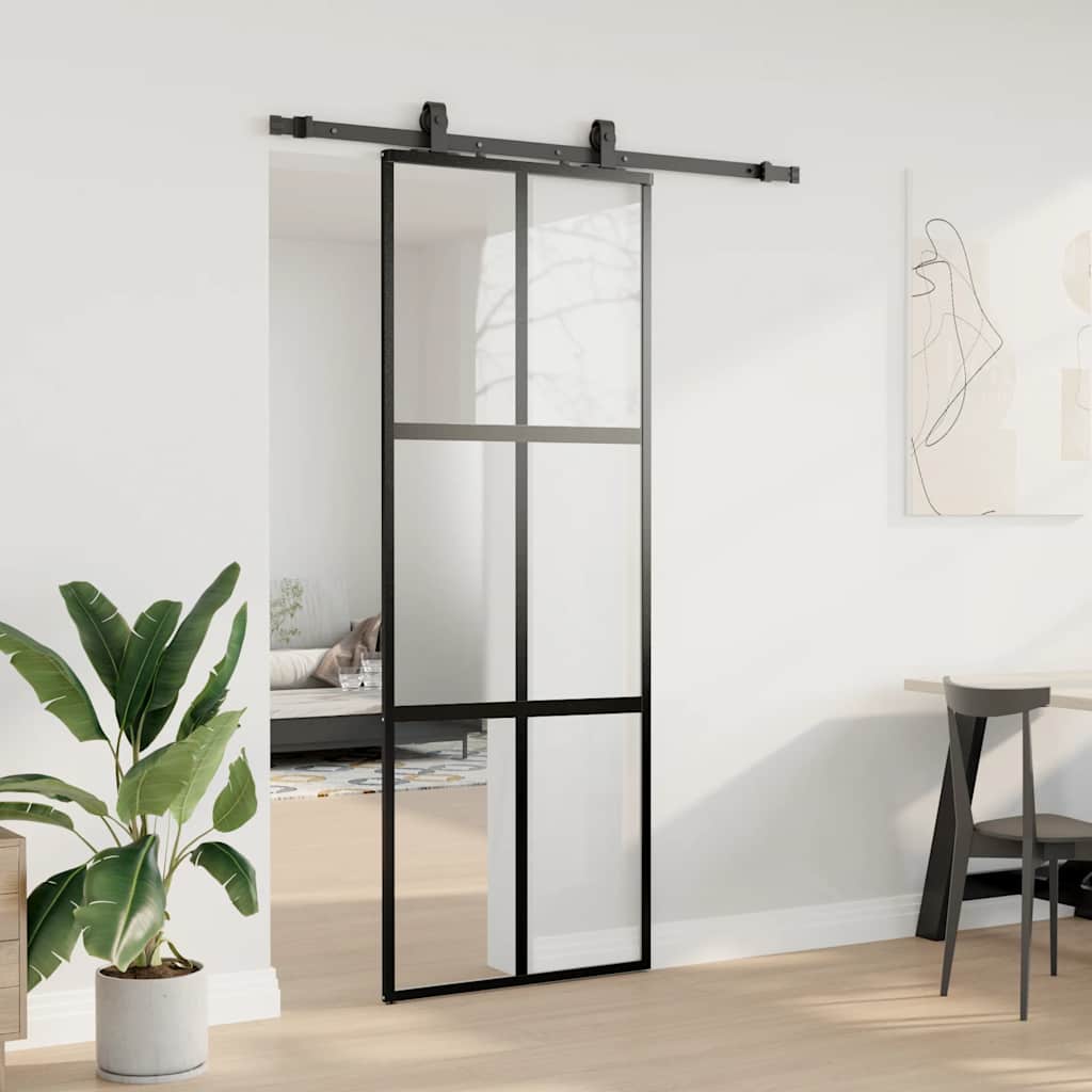vidaXL Ușă glisantă cu set feronerie neagră 76x205cm sticlă securizată vidaXL Ușă glisantă cu set feronerie neagră 76x205cm sticlă securizată