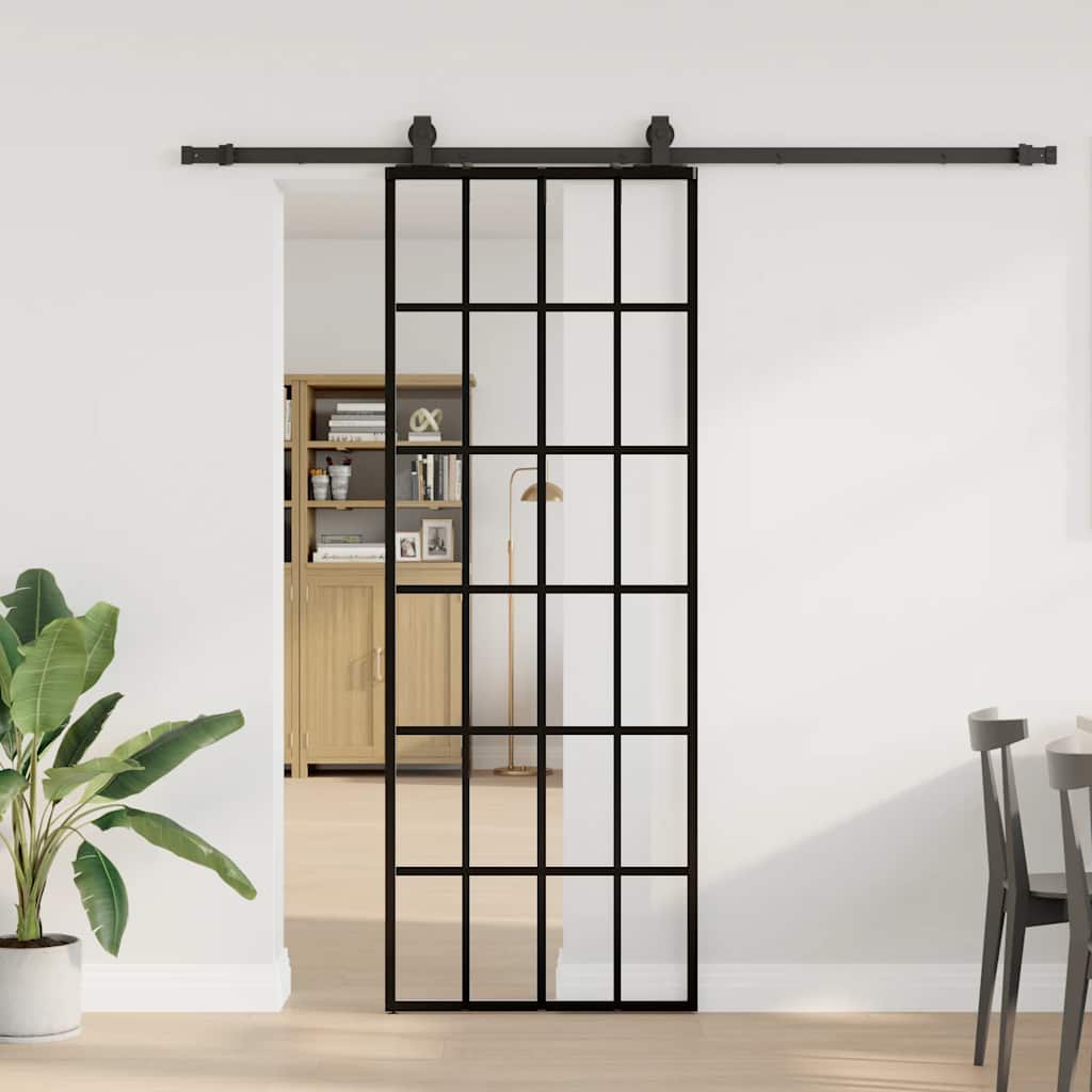 vidaXL Ușă glisantă cu set de feronerie neagră 76x205 cm Sticlă ESG vidaXL Ușă glisantă cu set de feronerie neagră 76x205 cm Sticlă ESG