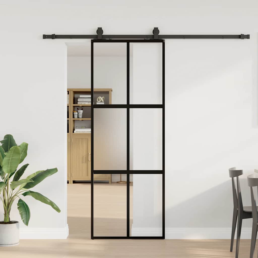 vidaXL Ușă glisantă cu set feronerie neagră 76x205cm sticlă securizată vidaXL Ușă glisantă cu set feronerie neagră 76x205cm sticlă securizată