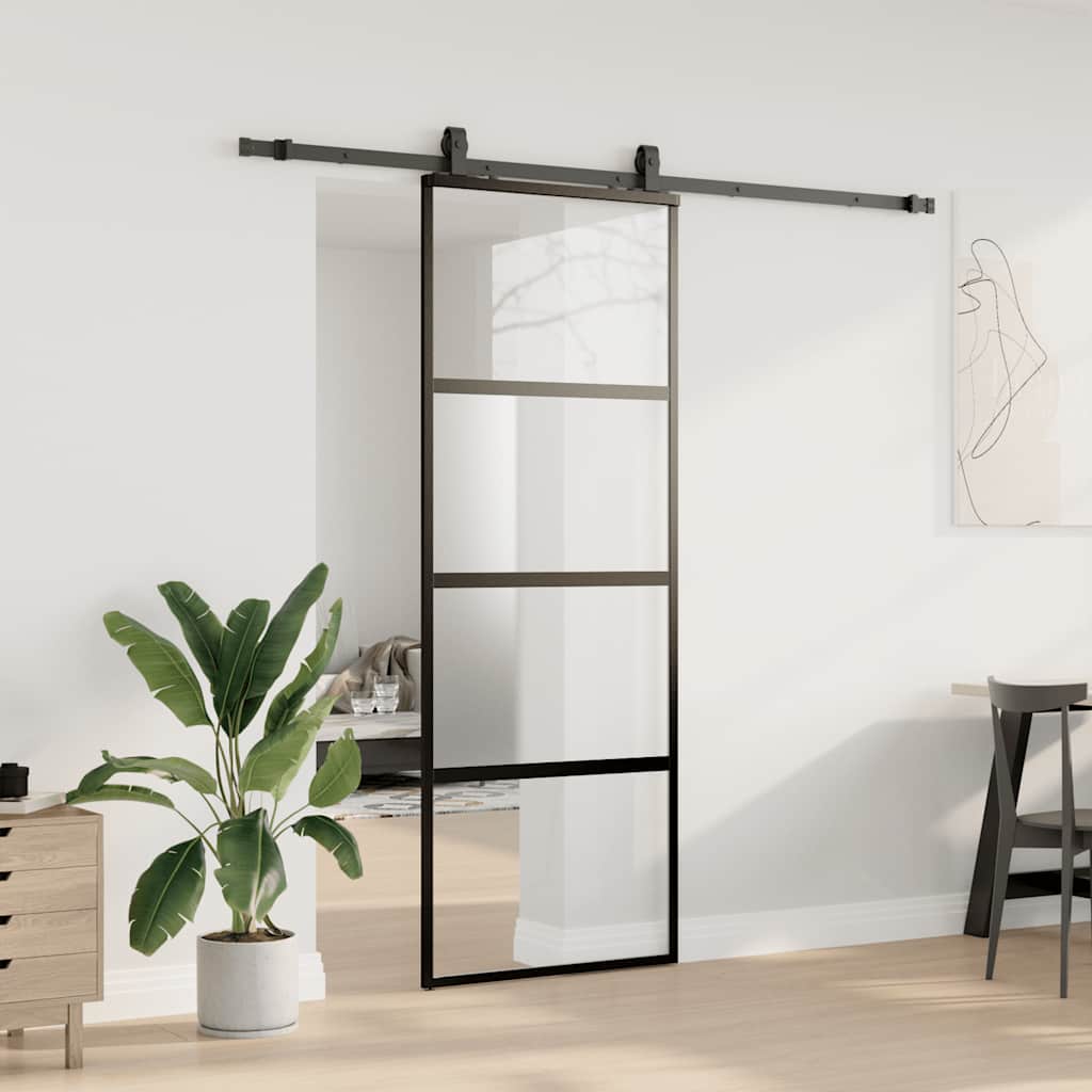 vidaXL Ușă glisantă cu set feronerie neagră 76x205cm sticlă securizată vidaXL Ușă glisantă cu set feronerie neagră 76x205cm sticlă securizată