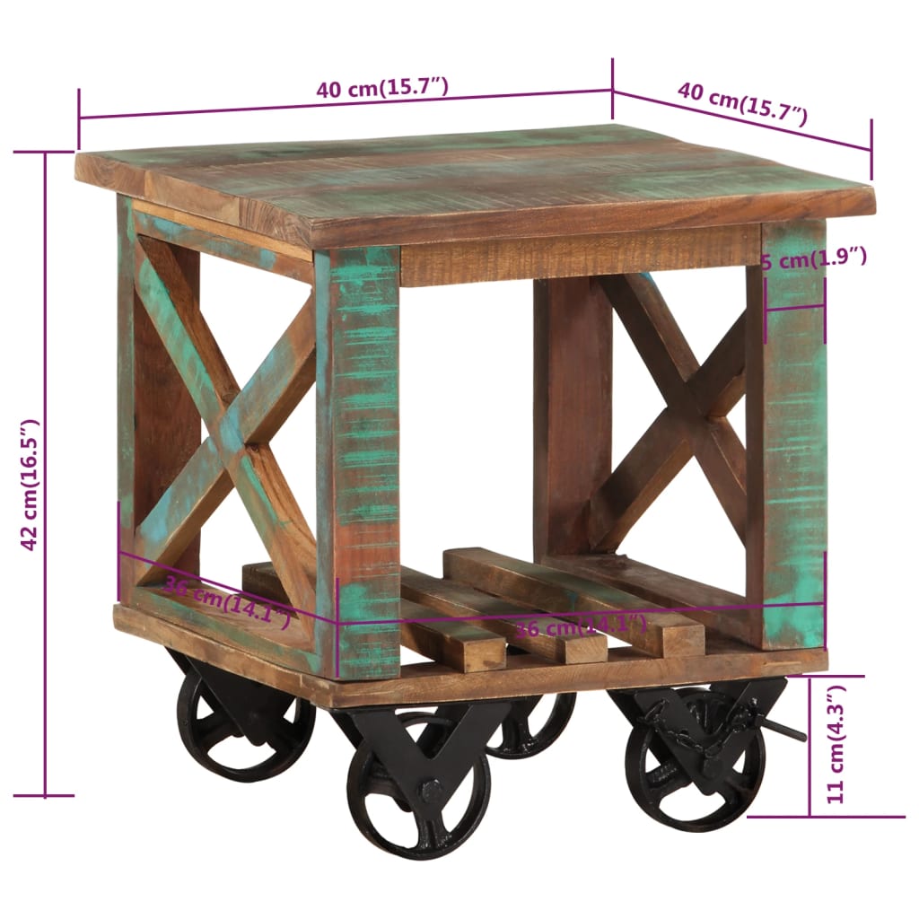 vidaXL Masă laterală cu roți, 40x40x42 cm, lemn masiv reciclat