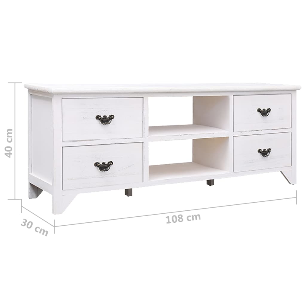 vidaXL Comodă TV,alb antichizat, 108x30x40 cm, lemn masiv de paulownia