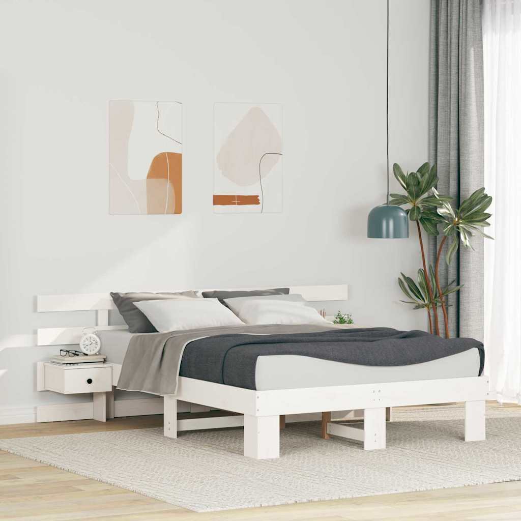 vidaXL Cadru de pat cu headboard Alb 135 x 190 cm Lemn de pin masiv