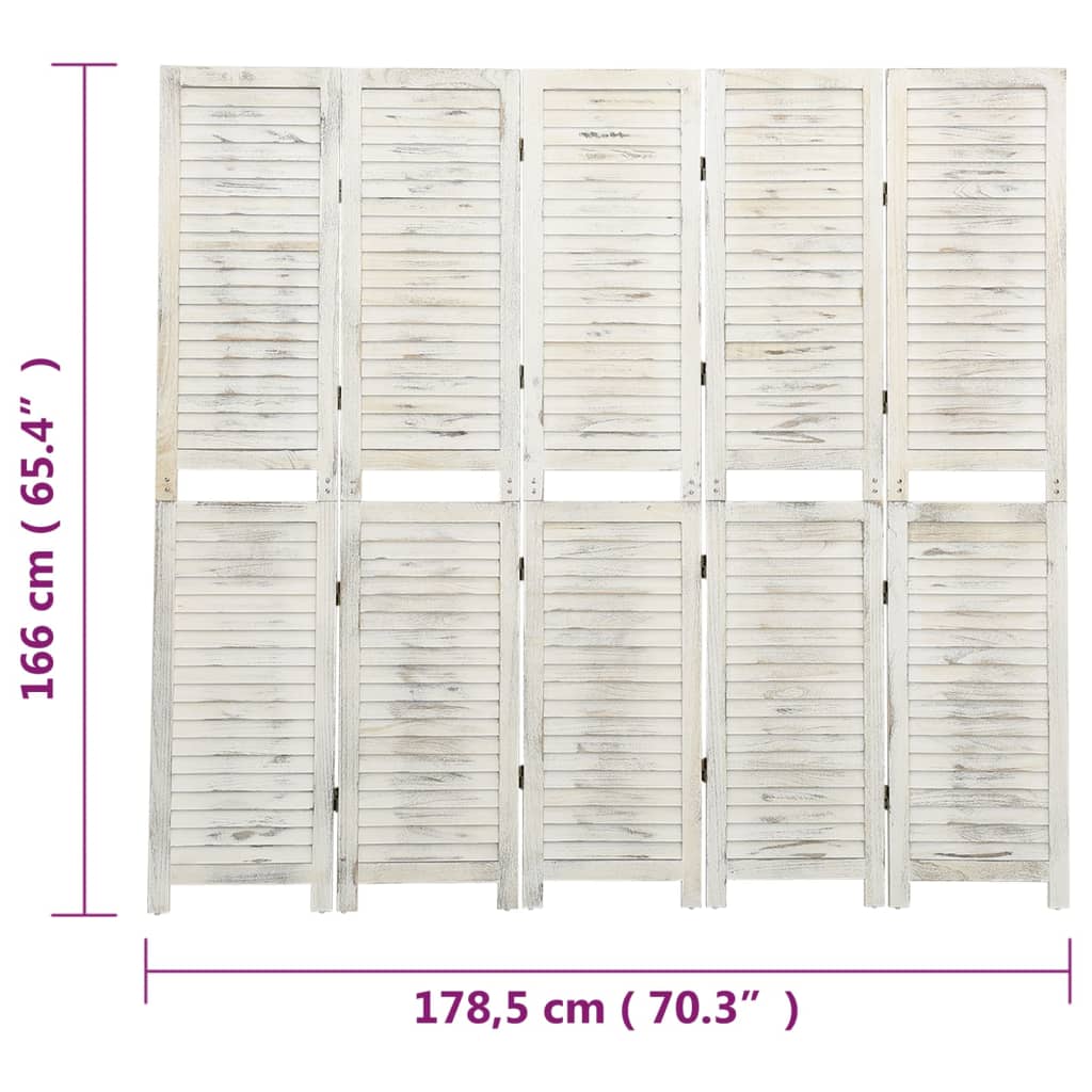 vidaXL Paravan de cameră cu 5 panouri alb antichizat 178,5x166 cm lemn vidaXL Paravan de cameră cu 5 panouri alb antichizat 178,5x166 cm lemn