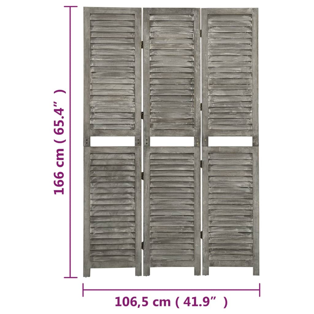 vidaXL Separator cameră cu 3 panouri, gri, 106,5x166 cm, lemn masiv vidaXL Separator cameră cu 3 panouri, gri, 106,5x166 cm, lemn masiv