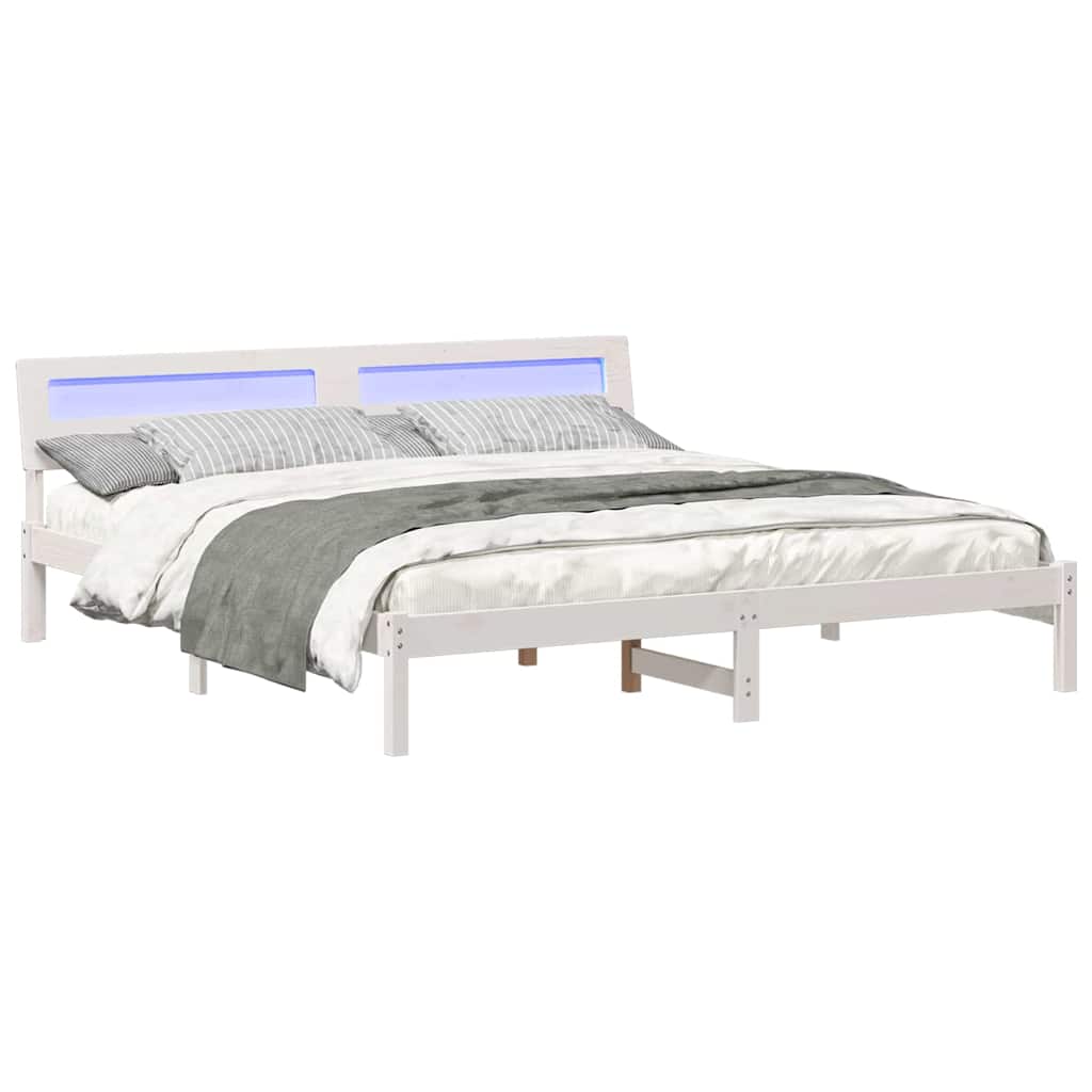 vidaXL Cadru de pat cu lumini cu bandă LED cu headboard Alb lemn