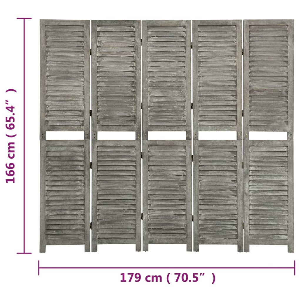 vidaXL Separator cameră cu 5 panouri, gri, 179x166 cm, lemn masiv vidaXL Separator cameră cu 5 panouri, gri, 179x166 cm, lemn masiv