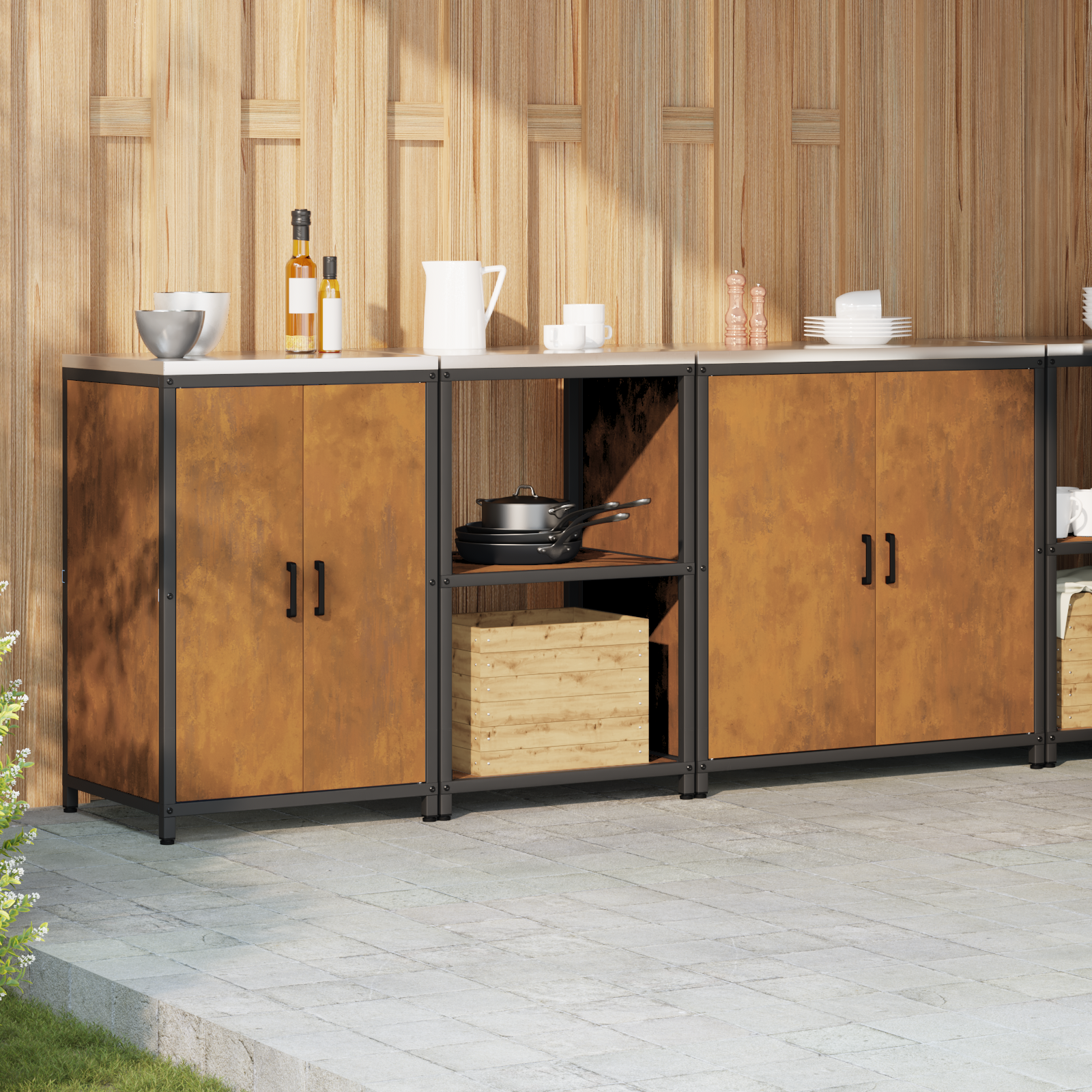 vidaXL Set de depozitare pentru bucătărie cu raft 3 pcs Ruginit Oțel