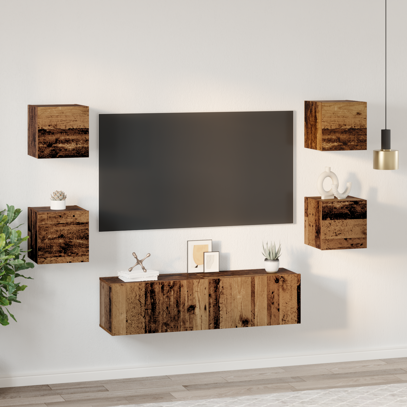 vidaXL Set comodă TV Pe perete 6 pcs Lemn vechi Mediu 120 x 30 x 30 cm vidaXL Set comodă TV Pe perete 6 pcs Lemn vechi Mediu 120 x 30 x 30 cm