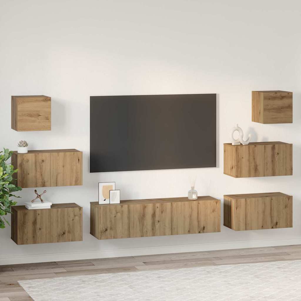 vidaXL Set comodă TV Pe perete 8 pcs stejar artizanal 60 x 30 x 30 cm vidaXL Set comodă TV Pe perete 8 pcs stejar artizanal 60 x 30 x 30 cm