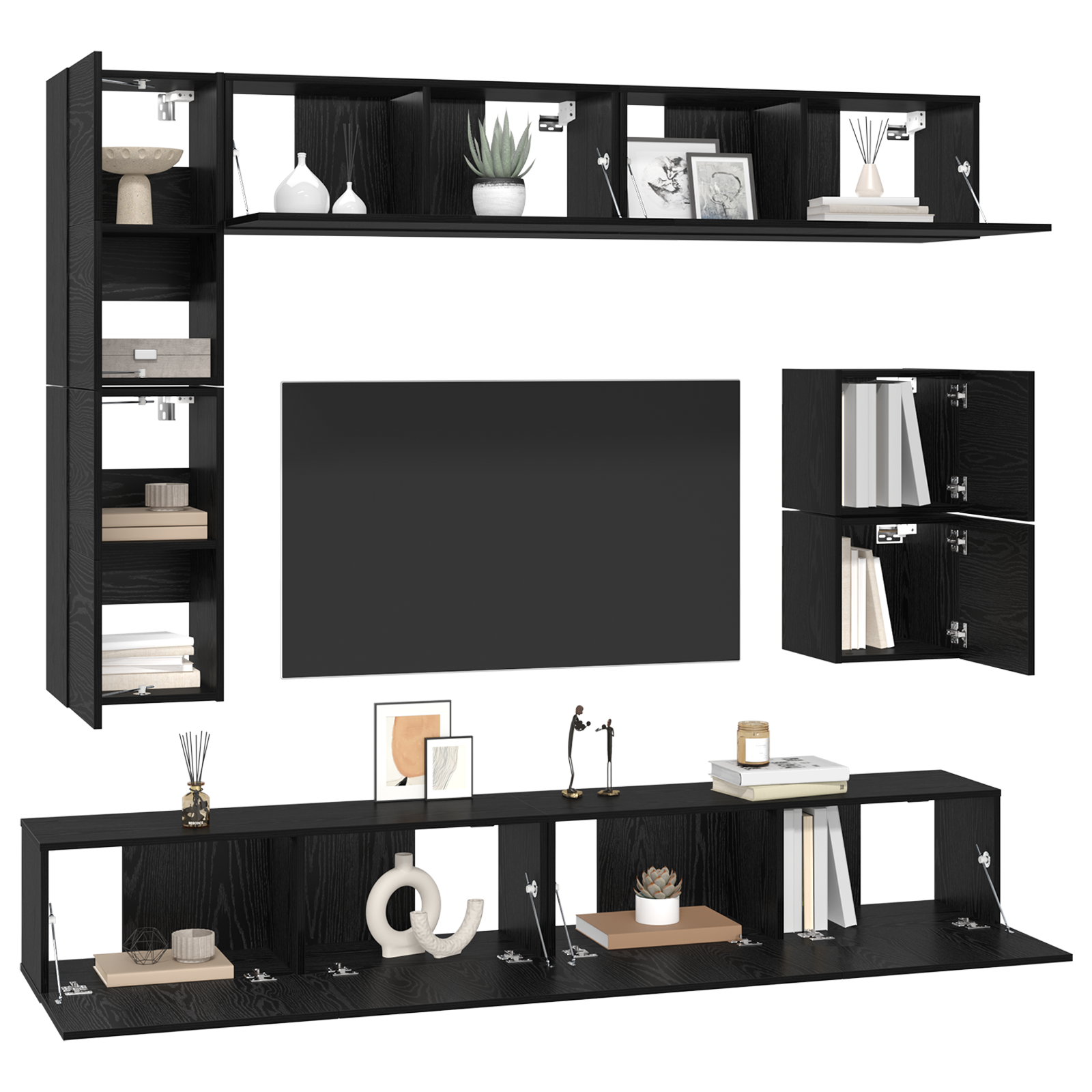 vidaXL Set comodă TV Pe perete 8 pcs Stejar Negru Lemn compozit