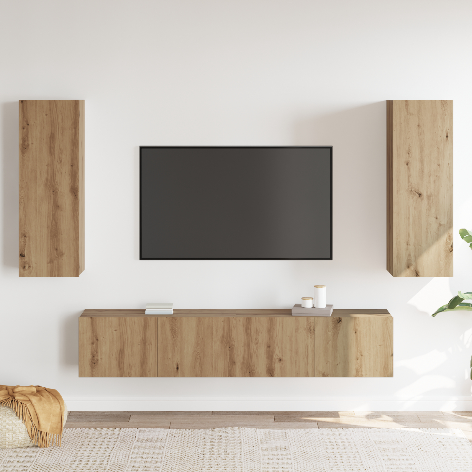 vidaXL Set TV 4 piese, montat pe perete, stejar artisan, lemn prelucrat vidaXL Set TV 4 piese, montat pe perete, stejar artisan, lemn prelucrat