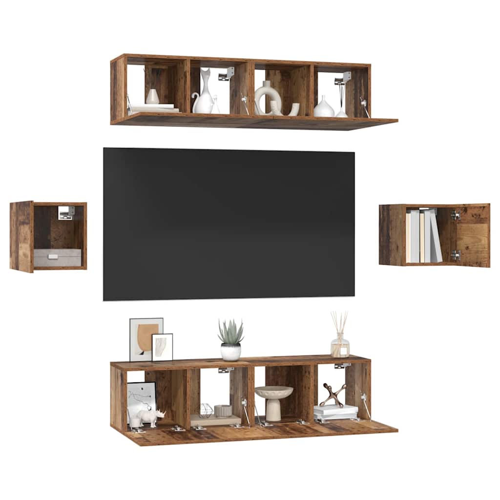 vidaXL Set comodă TV Pe perete 6 pcs Lemn vechi Lemn compozit vidaXL Set comodă TV Pe perete 6 pcs Lemn vechi Lemn compozit
