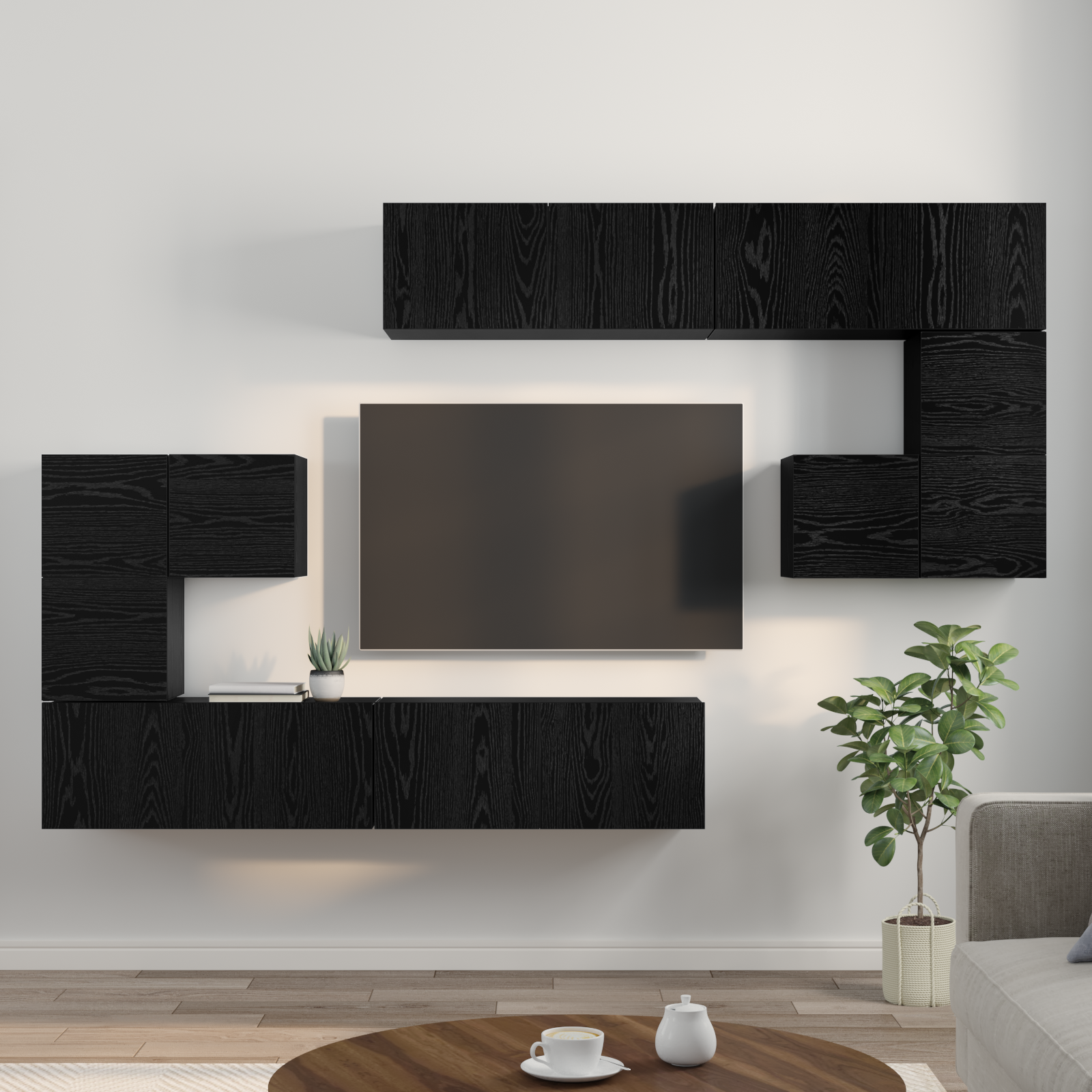 vidaXL Set comodă TV Pe perete 8 pcs Stejar negru vidaXL Set comodă TV Pe perete 8 pcs Stejar negru