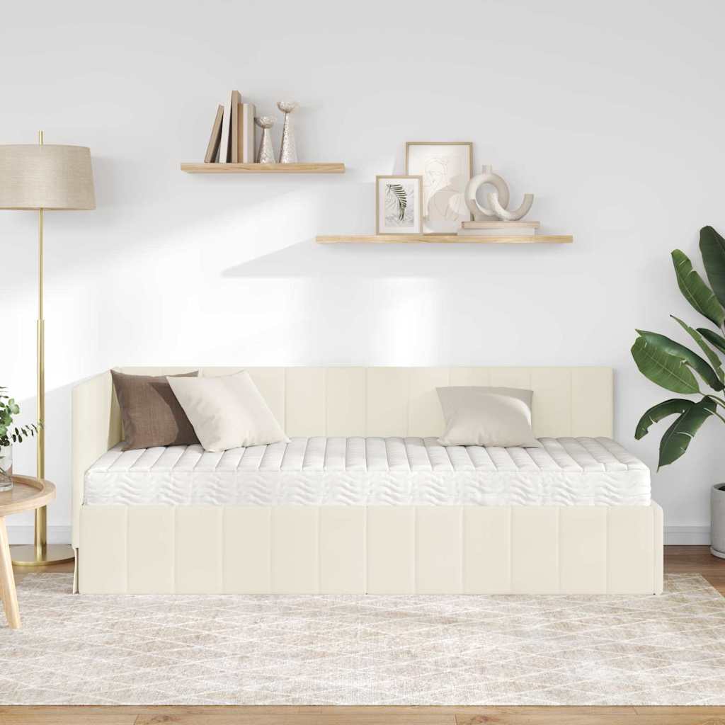 vidaXL Cadru de pat colțar cu saltea cu saltea 2 pcs Crem Catifea