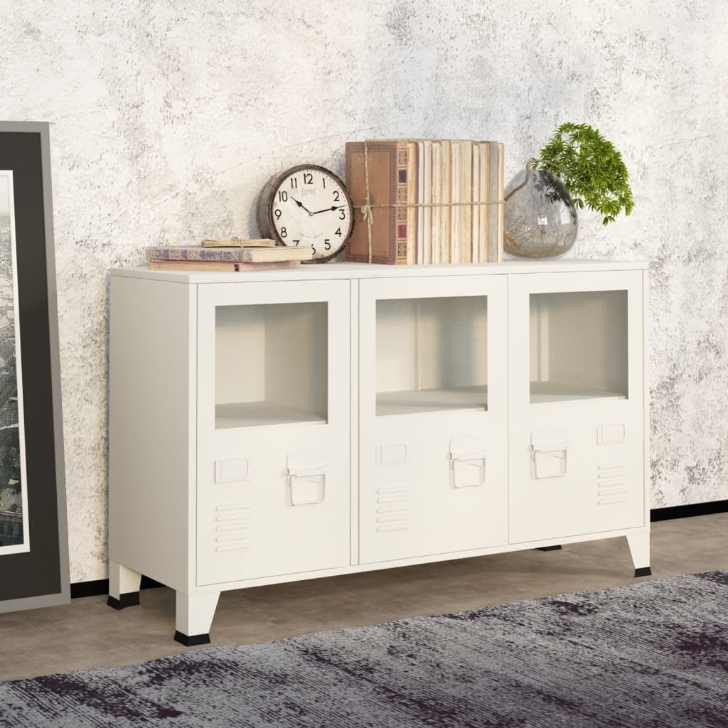 vidaXL Servantă industrială, alb, 105x35x62 cm, metal și sticlă vidaXL Servantă industrială, alb, 105x35x62 cm, metal și sticlă